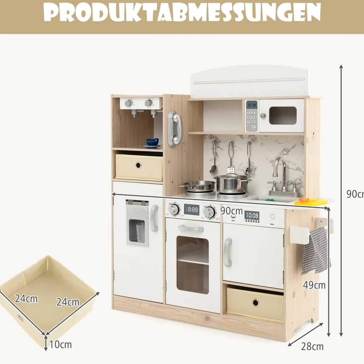 Kinderküche Spielset Holz Spielküche mit einstellbaren LED-Lichtern abnehmbaren Stoffkörben & Regalen Spielküche Weiß