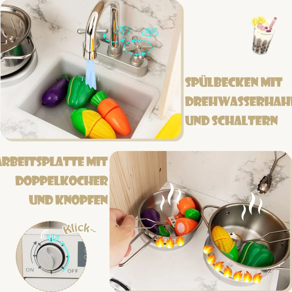 Kinderküche Spielset Holz Spielküche mit einstellbaren LED-Lichtern abnehmbaren Stoffkörben & Regalen Spielküche Weiß