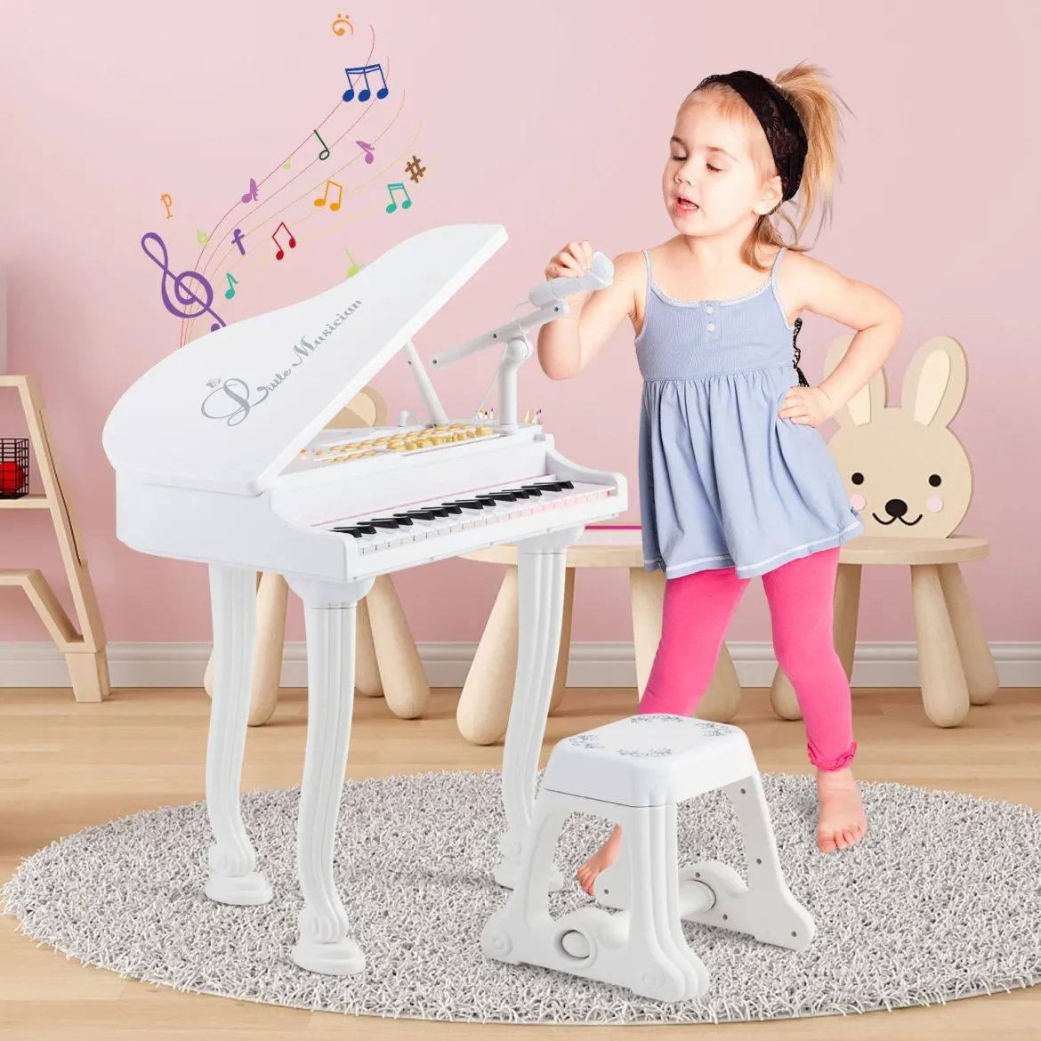 Kinder Keyboard mit 37 Tasten & Hocker Elektronische Klaviertastatur 47 x 37 x 70 cm Weiß