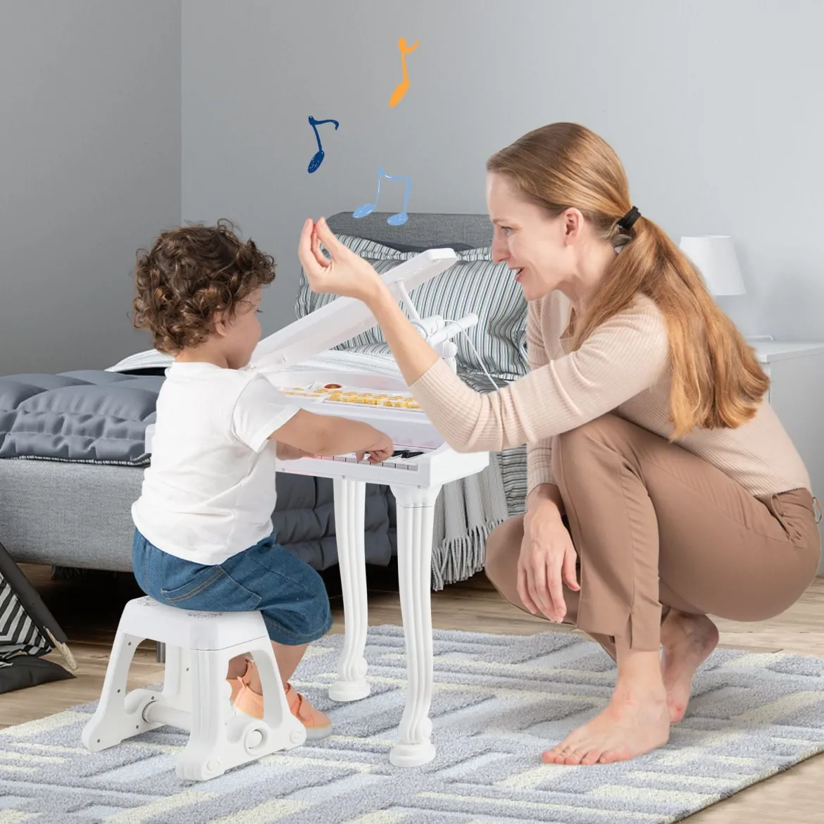 Kinder Keyboard mit 37 Tasten & Hocker Elektronische Klaviertastatur 47 x 37 x 70 cm Weiß