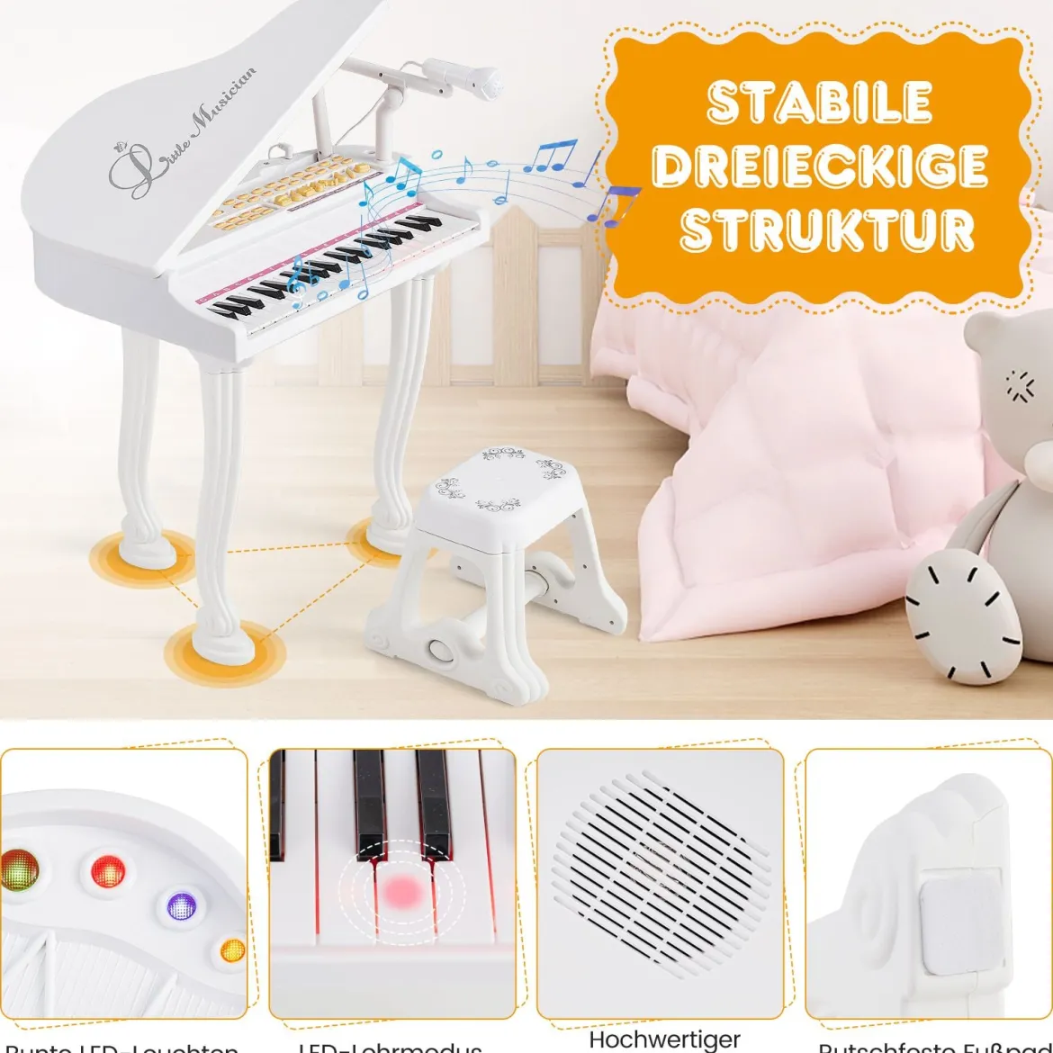 Kinder Keyboard mit 37 Tasten & Hocker Elektronische Klaviertastatur 47 x 37 x 70 cm Weiß