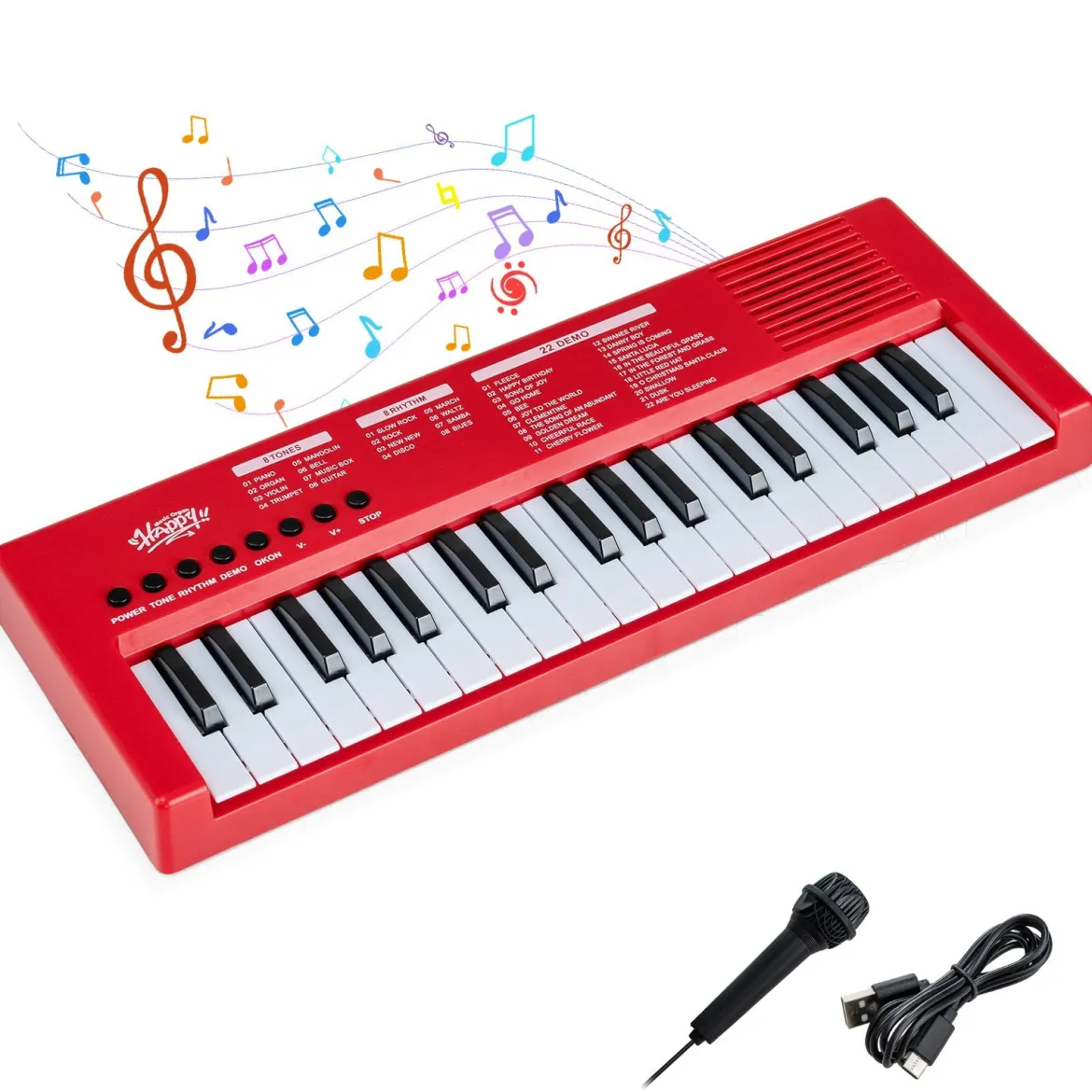 Kinder Klavier Keyboard 37 Tasten tragbares E-Piano mit 8 Rhythmen 8 Klangfarben & 22 Demos Rot
