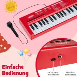 Kinder Klavier Keyboard 37 Tasten tragbares E-Piano mit 8 Rhythmen 8 Klangfarben & 22 Demos Rot