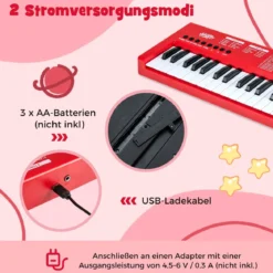 Kinder Klavier Keyboard 37 Tasten tragbares E-Piano mit 8 Rhythmen 8 Klangfarben & 22 Demos Rot