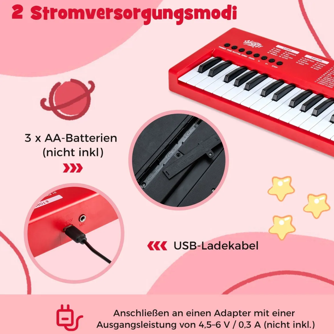 Kinder Klavier Keyboard 37 Tasten tragbares E-Piano mit 8 Rhythmen 8 Klangfarben & 22 Demos Rot