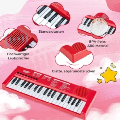Kinder Klavier Keyboard 37 Tasten tragbares E-Piano mit 8 Rhythmen 8 Klangfarben & 22 Demos Rot