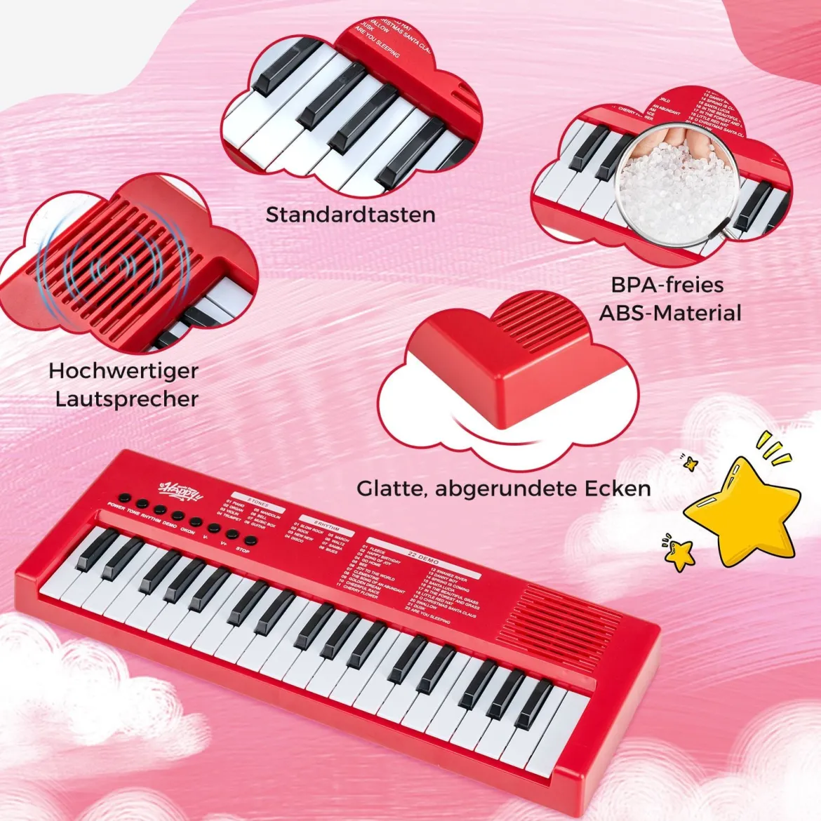 Kinder Klavier Keyboard 37 Tasten tragbares E-Piano mit 8 Rhythmen 8 Klangfarben & 22 Demos Rot