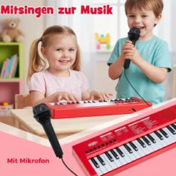 Kinder Klavier Keyboard 37 Tasten tragbares E-Piano mit 8 Rhythmen 8 Klangfarben & 22 Demos Rot