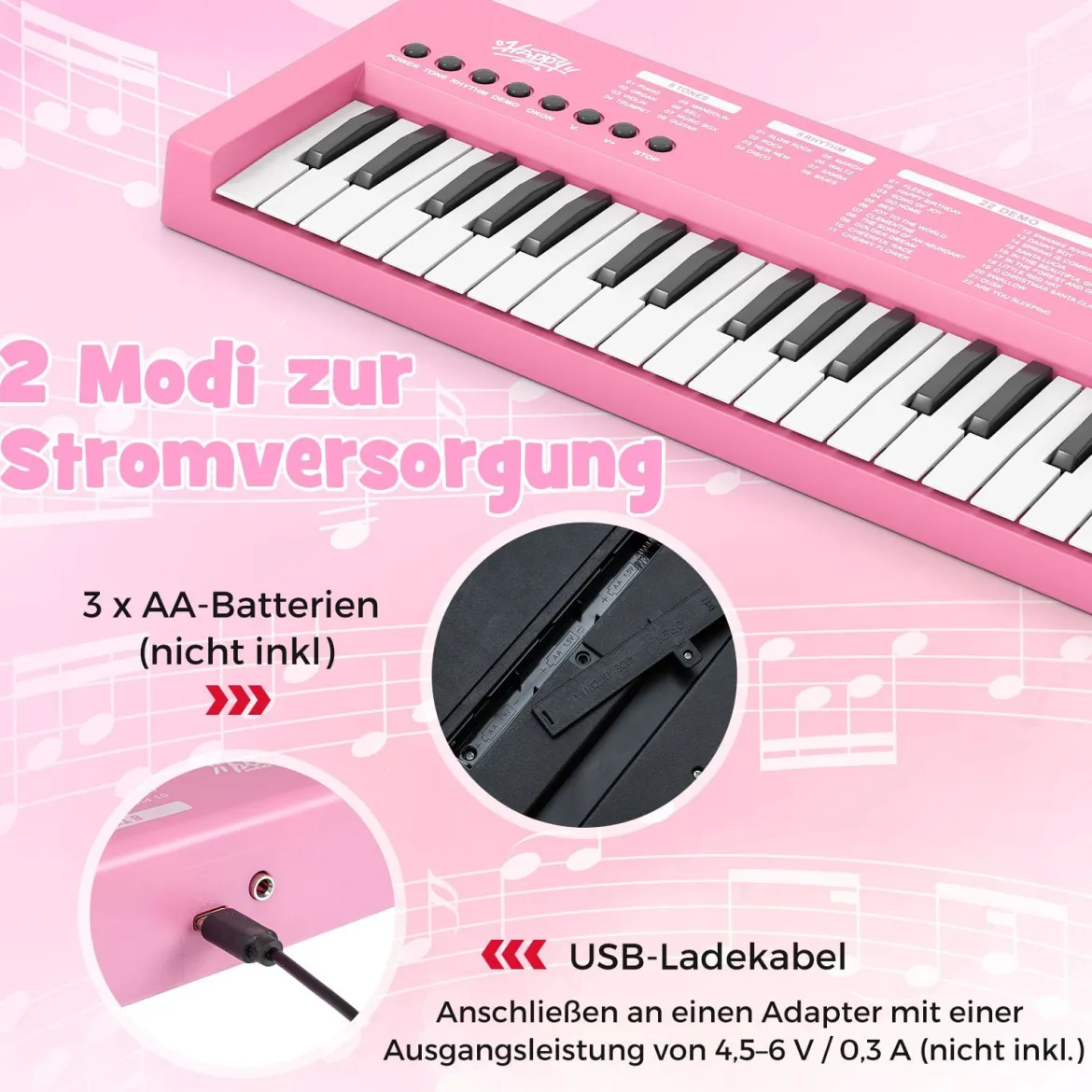 Kinder Klavier Keyboard 37 Tasten tragbares E-Piano mit 8 Rhythmen 8 Klangfarben & 22 Demos Rosa