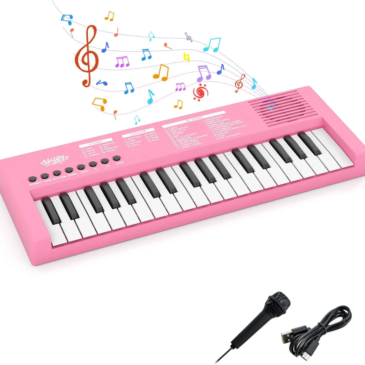Kinder Klavier Keyboard 37 Tasten tragbares E-Piano mit 8 Rhythmen 8 Klangfarben & 22 Demos Rosa