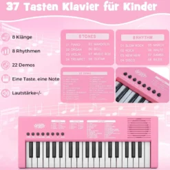 Kinder Klavier Keyboard 37 Tasten tragbares E-Piano mit 8 Rhythmen 8 Klangfarben & 22 Demos Rosa
