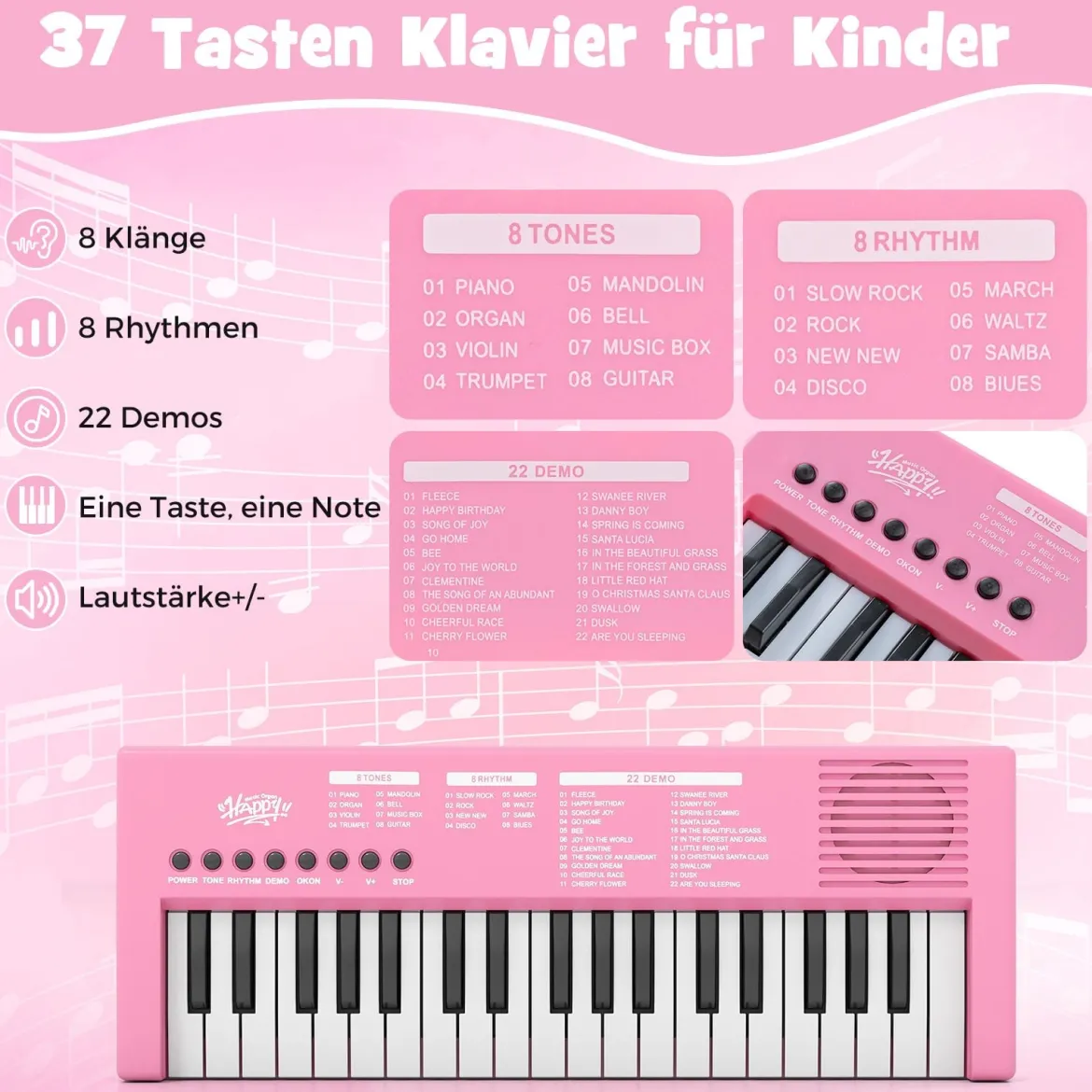 Kinder Klavier Keyboard 37 Tasten tragbares E-Piano mit 8 Rhythmen 8 Klangfarben & 22 Demos Rosa