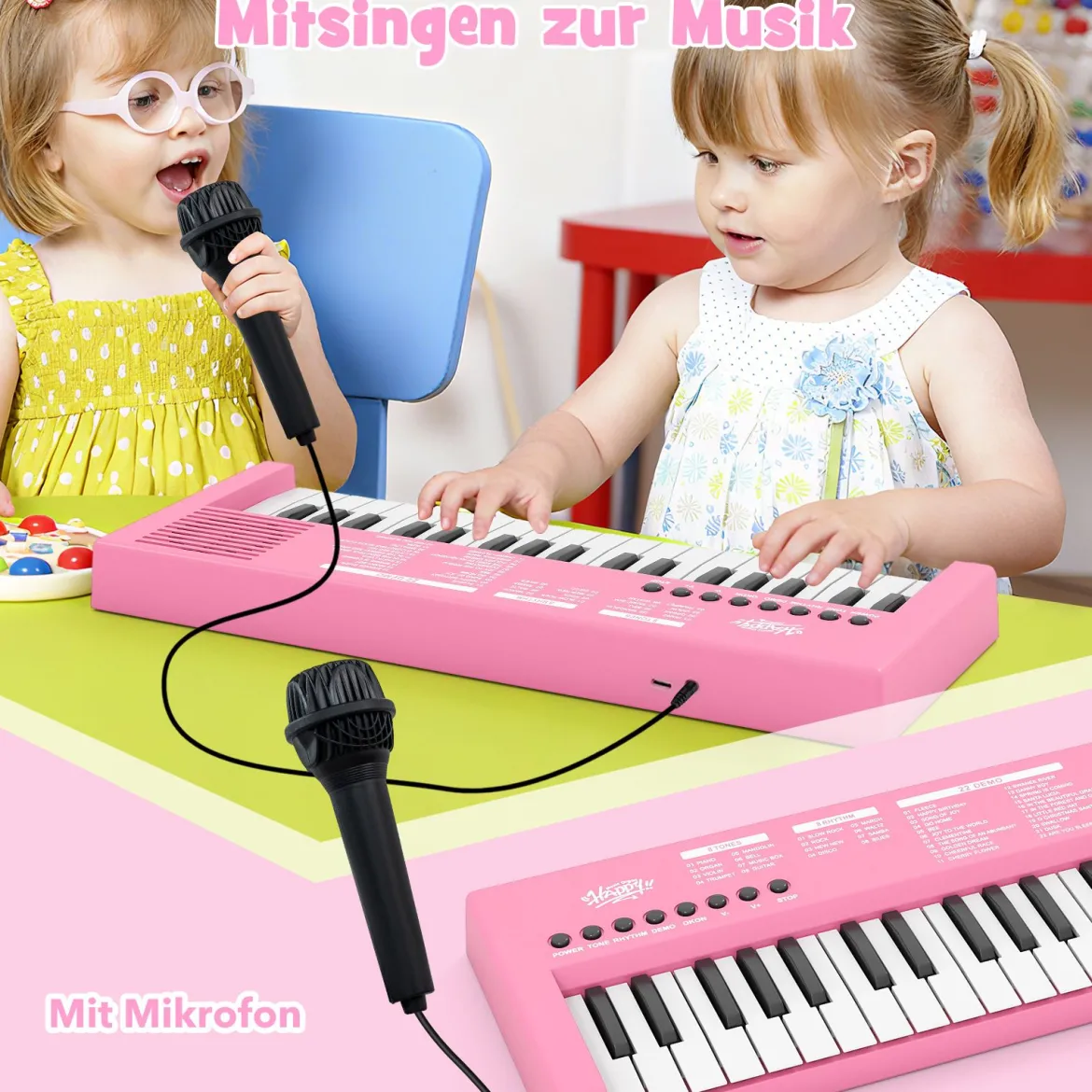 Kinder Klavier Keyboard 37 Tasten tragbares E-Piano mit 8 Rhythmen 8 Klangfarben & 22 Demos Rosa