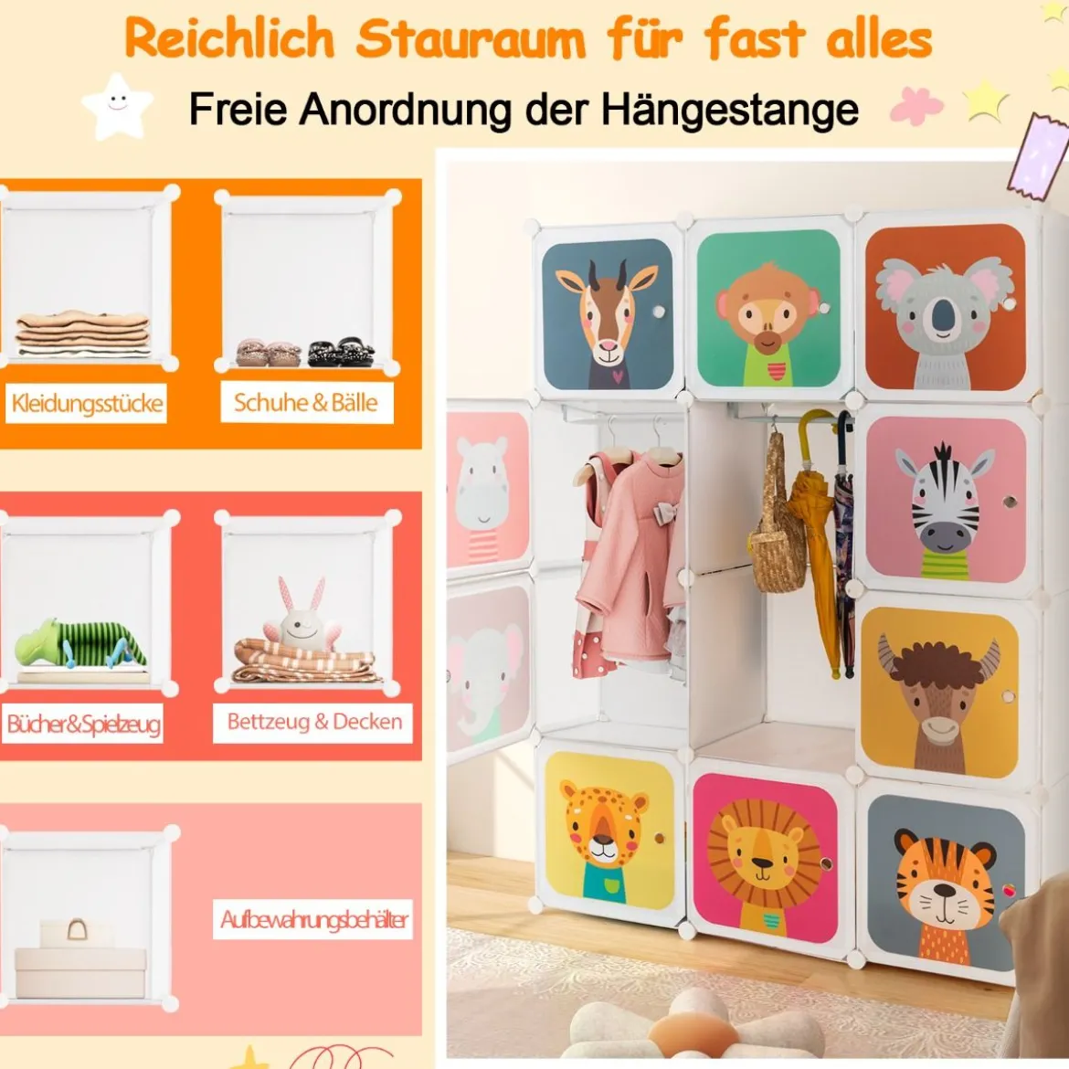 Kinder Kleiderschrank aus Kunststoff mit 12 Würfeln Kinderregal mit Türen & 2 Aufhänger