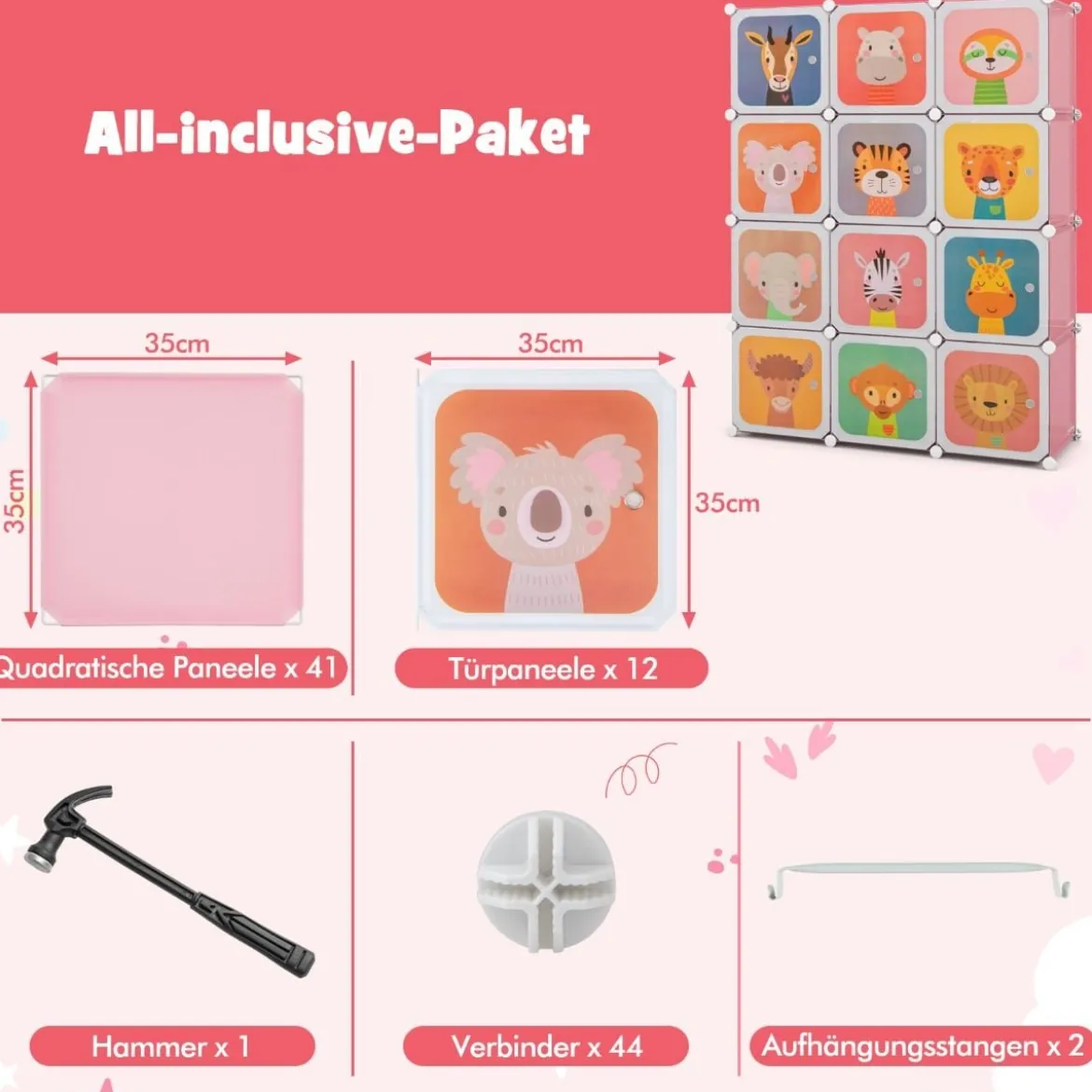 Kinder Kleiderschrank aus Kunststoff mit 12 Würfeln Kinderregal mit Türen & 2 Aufhänger