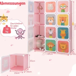 Kinder Kleiderschrank aus Kunststoff mit 12 Würfeln Kinderregal mit Türen & 2 Aufhänger