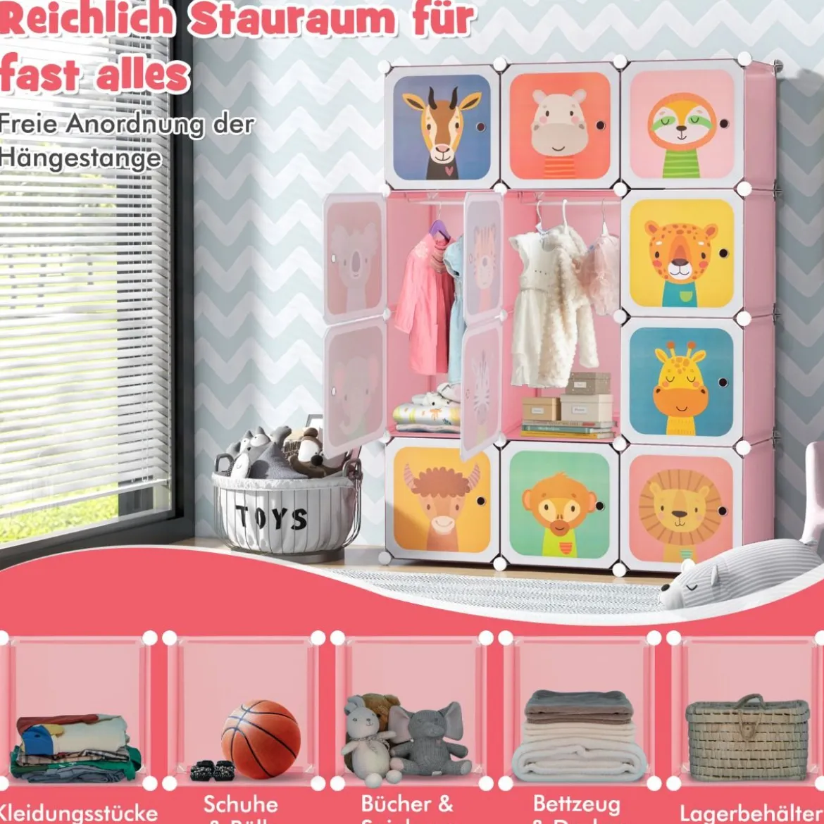 Kinder Kleiderschrank aus Kunststoff mit 12 Würfeln Kinderregal mit Türen & 2 Aufhänger