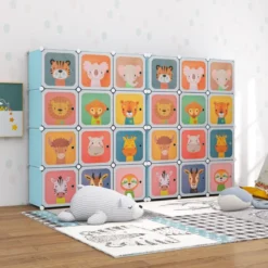 Kinder Kleiderschrank aus Kunststoff mit 12 Würfeln Kinderregal mit Türen & 2 Aufhänger