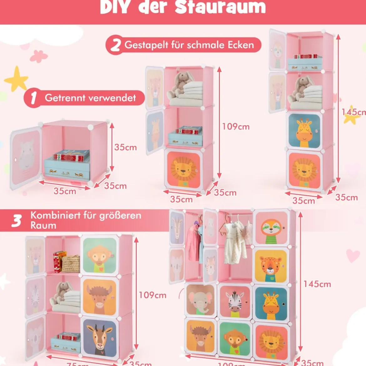 Kinder Kleiderschrank aus Kunststoff mit 12 Würfeln Kinderregal mit Türen & 2 Aufhänger