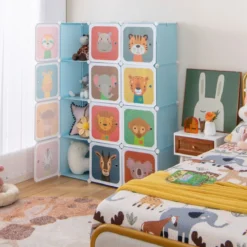 Kinder Kleiderschrank aus Kunststoff mit 12 Würfeln Kinderregal mit Türen & 2 Aufhänger