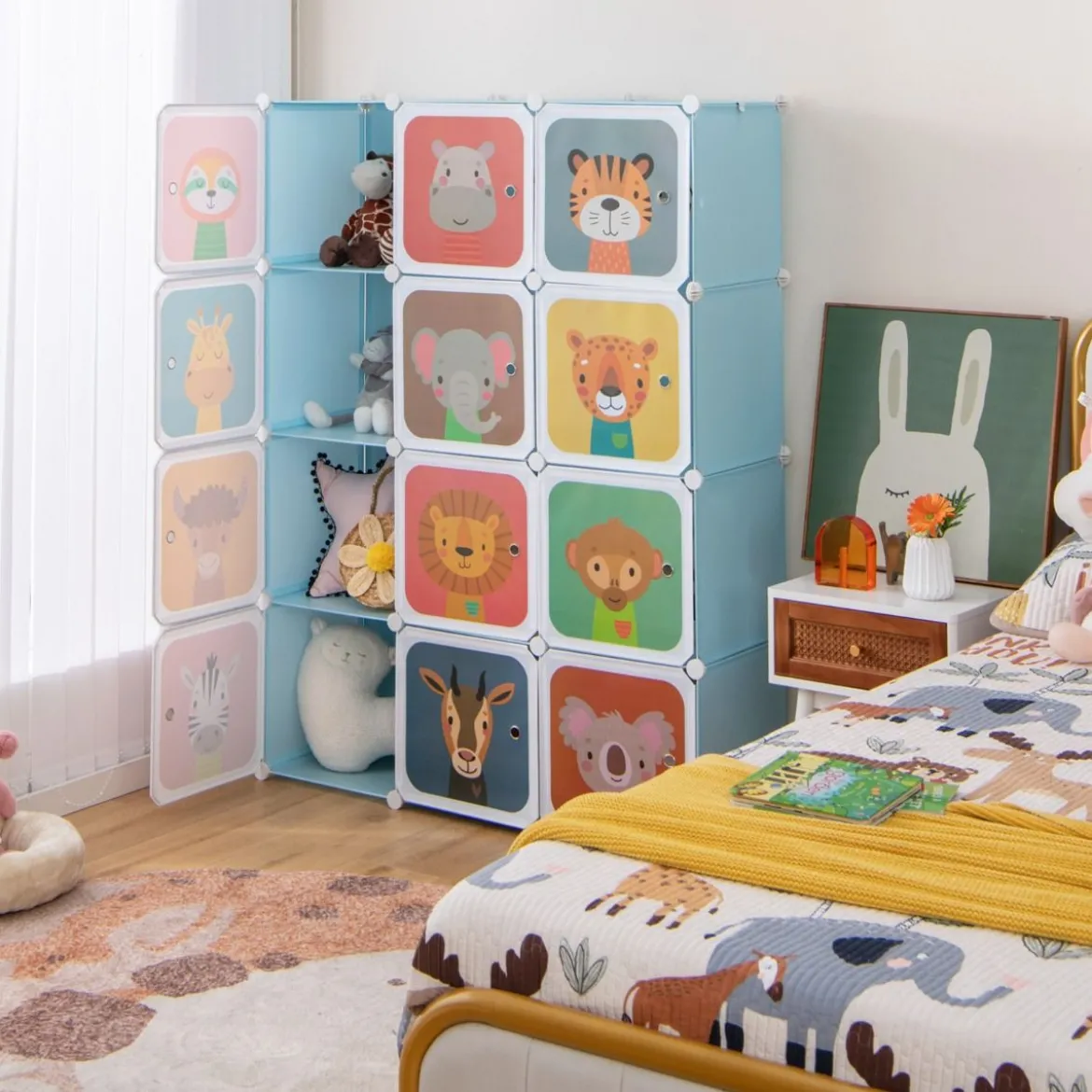 Kinder Kleiderschrank aus Kunststoff mit 12 Würfeln Kinderregal mit Türen & 2 Aufhänger