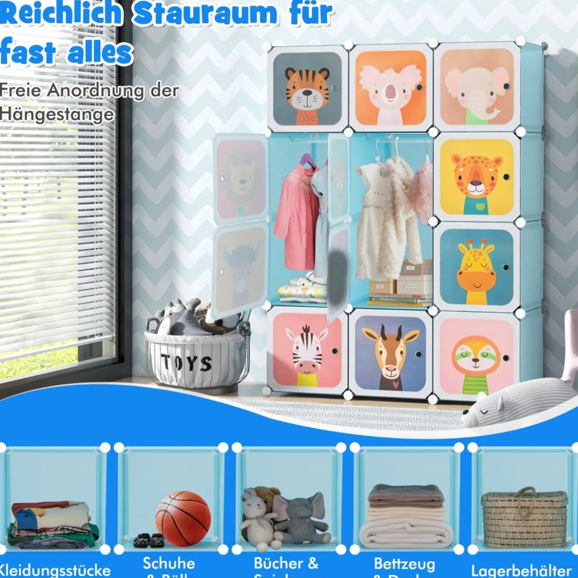 Kinder Kleiderschrank aus Kunststoff mit 12 Würfeln Kinderregal mit Türen & 2 Aufhänger