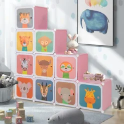 Kinder Kleiderschrank aus Kunststoff mit 12 Würfeln Kinderregal mit Türen & 2 Aufhänger
