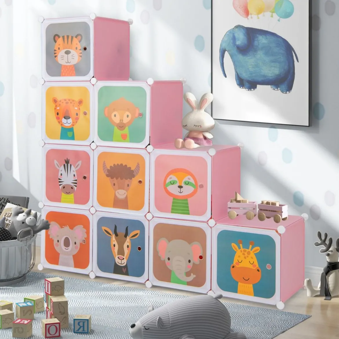 Kinder Kleiderschrank aus Kunststoff mit 12 Würfeln Kinderregal mit Türen & 2 Aufhänger