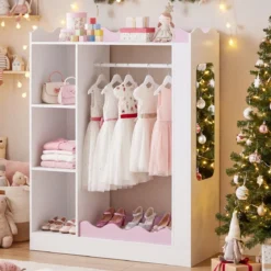 Kinder Kleiderschrank Kindergarderobe mit 2 Bruchsicheren Acrylspiegeln Offener Kleiderstange & Regalen Rosa