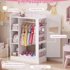 Kinder Kleiderschrank Kindergarderobe mit 2 Bruchsicheren Acrylspiegeln Offener Kleiderstange & Regalen Rosa