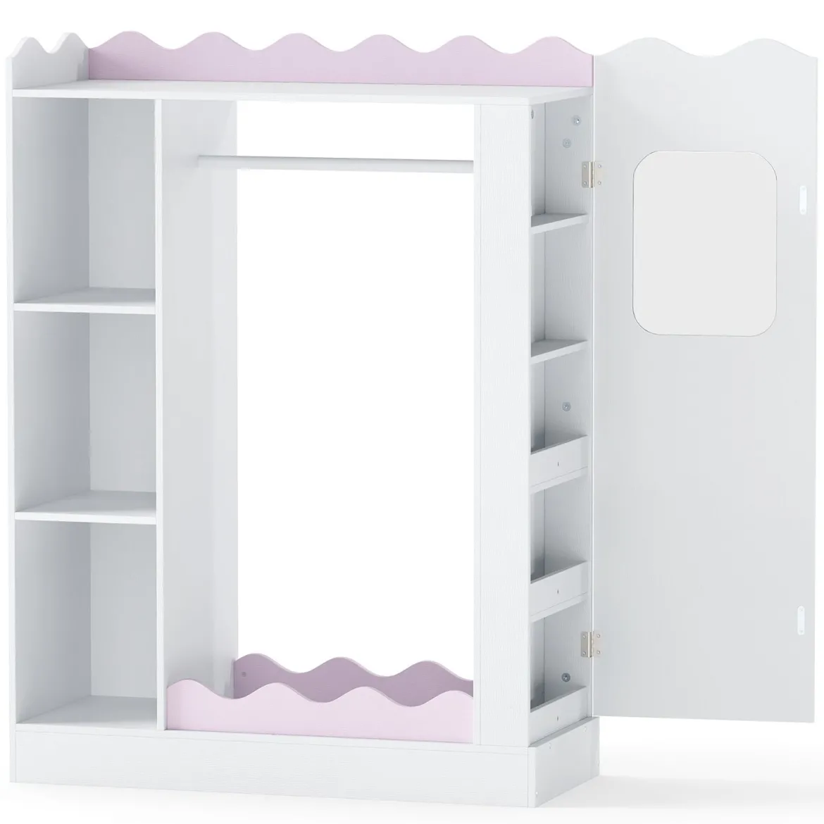 Kinder Kleiderschrank Kindergarderobe mit 2 Bruchsicheren Acrylspiegeln Offener Kleiderstange & Regalen Rosa