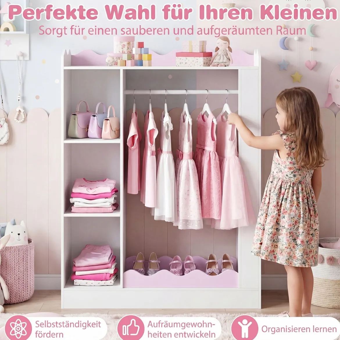Kinder Kleiderschrank Kindergarderobe mit 2 Bruchsicheren Acrylspiegeln Offener Kleiderstange & Regalen Rosa