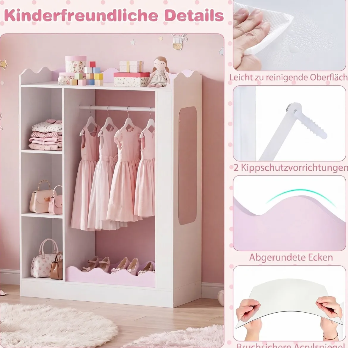 Kinder Kleiderschrank Kindergarderobe mit 2 Bruchsicheren Acrylspiegeln Offener Kleiderstange & Regalen Rosa