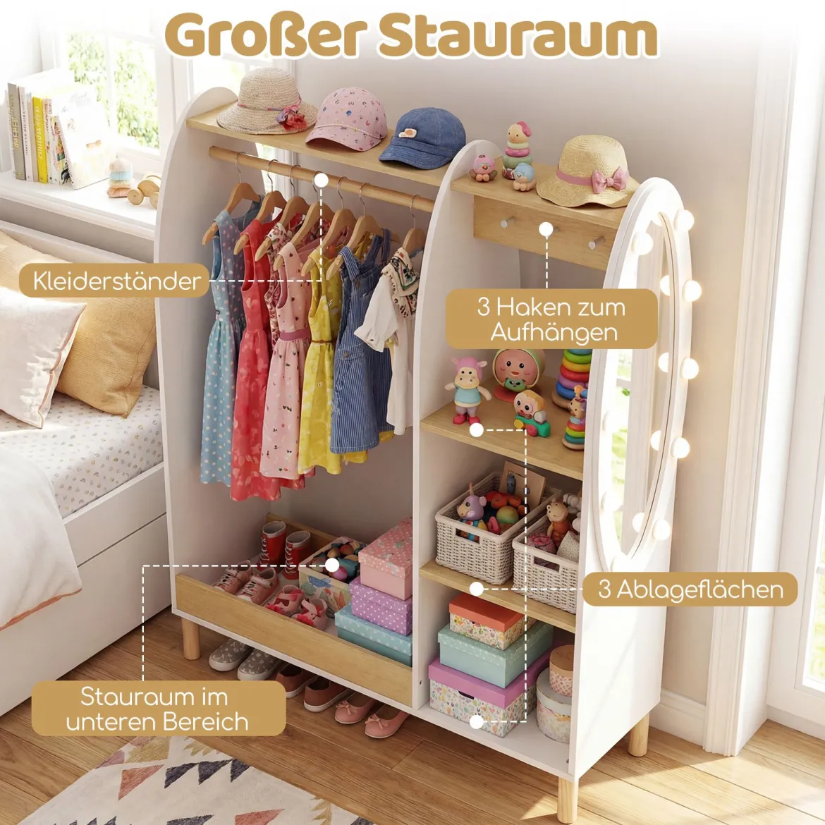 Kinder Kleiderschrank mit Beleuchtung & Spiegel & Kleiderstange & Regalen & Haken Kindergarderobe Weiß