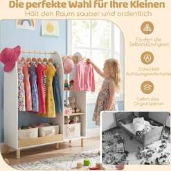 Kinder Kleiderschrank mit Beleuchtung & Spiegel & Kleiderstange & Regalen & Haken Kindergarderobe Weiß