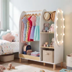 Kinder Kleiderschrank mit Beleuchtung & Spiegel & Kleiderstange & Regalen & Haken Kindergarderobe Weiß