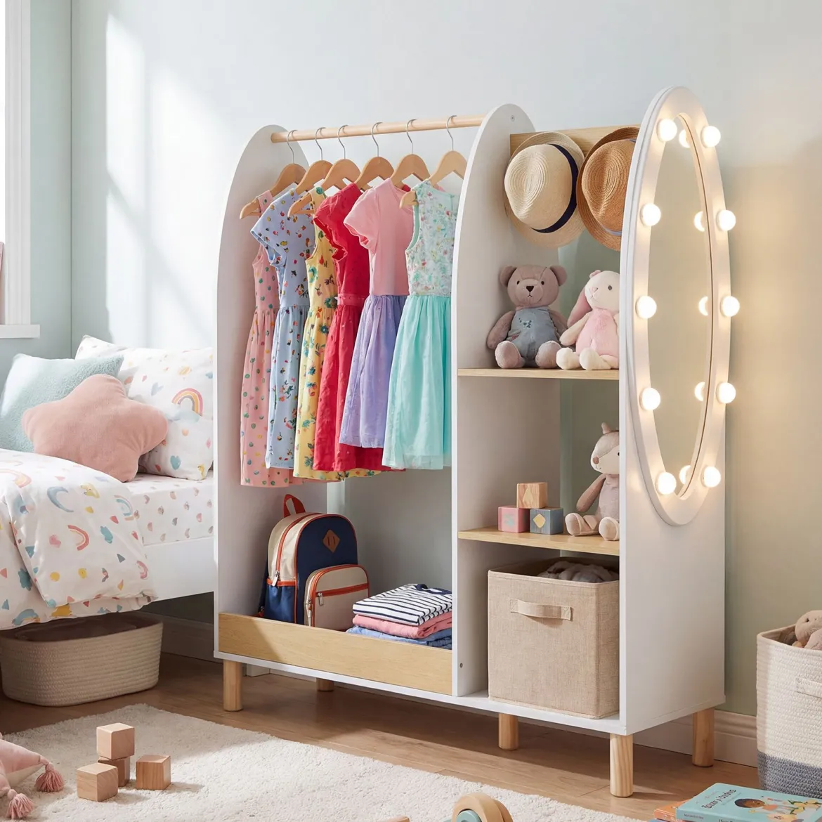 Kinder Kleiderschrank mit Beleuchtung & Spiegel & Kleiderstange & Regalen & Haken Kindergarderobe Weiß