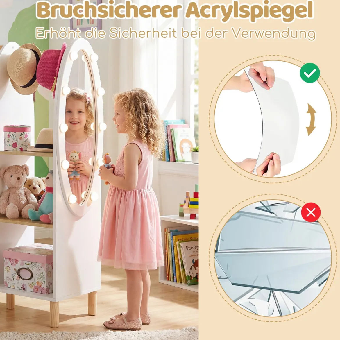 Kinder Kleiderschrank mit Beleuchtung & Spiegel & Kleiderstange & Regalen & Haken Kindergarderobe Weiß