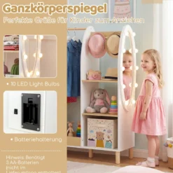 Kinder Kleiderschrank mit Beleuchtung & Spiegel & Kleiderstange & Regalen & Haken Kindergarderobe Weiß