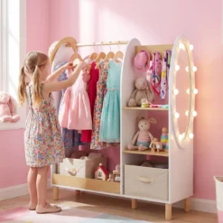 Kinder Kleiderschrank mit Beleuchtung & Spiegel & Kleiderstange & Regalen & Haken Kindergarderobe Weiß
