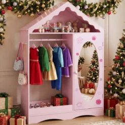 Kinderkleiderschrank mit Spiegel Dachförmiger Kleiderschrank mit offener Kleiderstange Rosa/Weiß