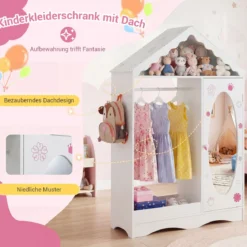 Kinderkleiderschrank mit Spiegel Dachförmiger Kleiderschrank mit offener Kleiderstange Rosa/Weiß