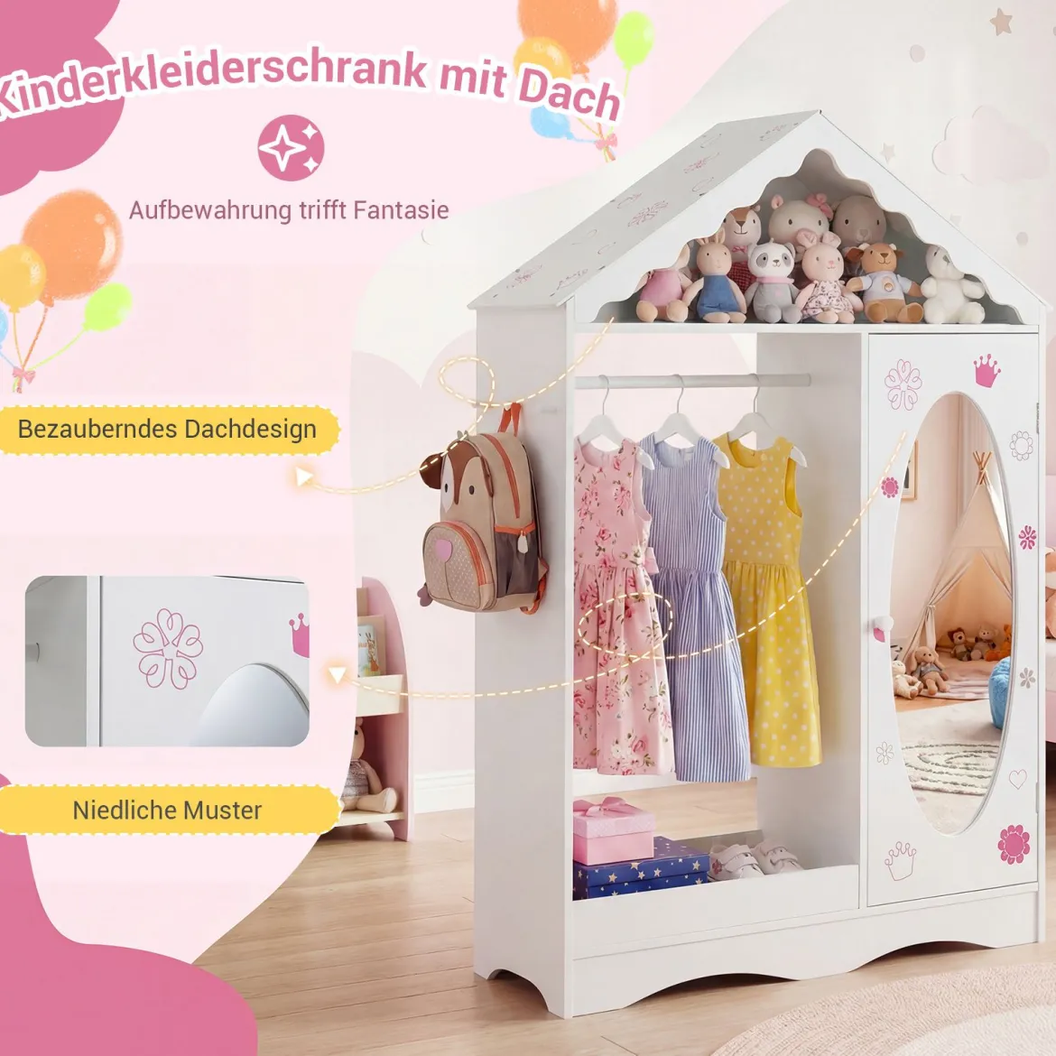 Kinderkleiderschrank mit Spiegel Dachförmiger Kleiderschrank mit offener Kleiderstange Rosa/Weiß