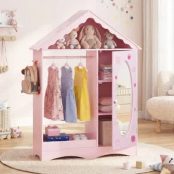 Kinderkleiderschrank mit Spiegel Dachförmiger Kleiderschrank mit offener Kleiderstange Rosa/Weiß