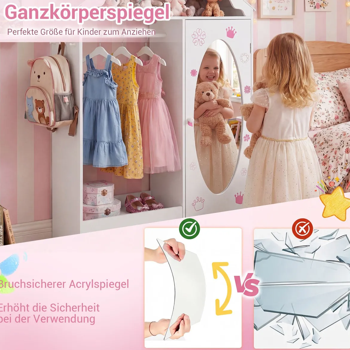 Kinderkleiderschrank mit Spiegel Dachförmiger Kleiderschrank mit offener Kleiderstange Rosa/Weiß