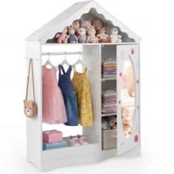 Kinderkleiderschrank mit Spiegel Dachförmiger Kleiderschrank mit offener Kleiderstange Rosa/Weiß