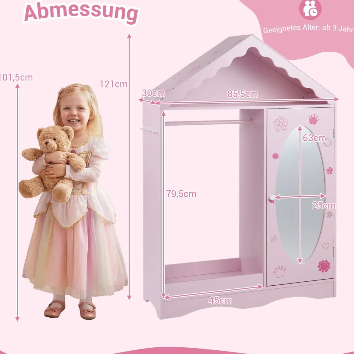 Kinderkleiderschrank mit Spiegel Dachförmiger Kleiderschrank mit offener Kleiderstange Rosa/Weiß