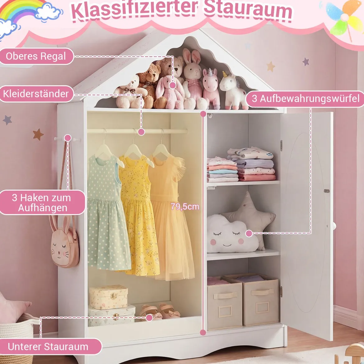 Kinderkleiderschrank mit Spiegel Dachförmiger Kleiderschrank mit offener Kleiderstange Rosa/Weiß