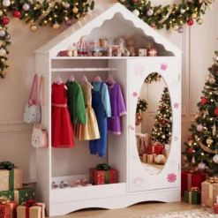 Kinderkleiderschrank mit Spiegel Dachförmiger Kleiderschrank mit offener Kleiderstange Rosa/Weiß