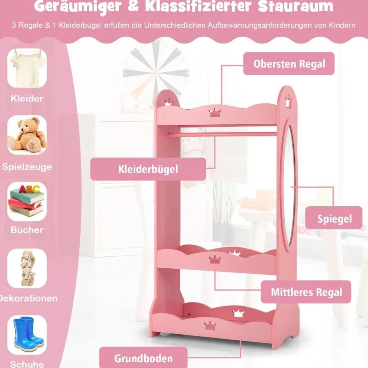 Kinder Kleiderschrank mit Spiegel & Kleiderstange aus Holz 62 x 34 x 116 cm Rosa